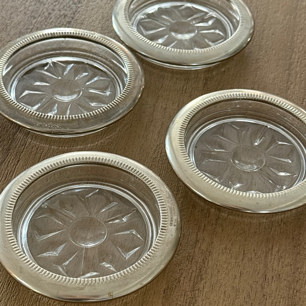 Vintage Set of 4 Glass & Silver Coasters – Elegant Floral Design